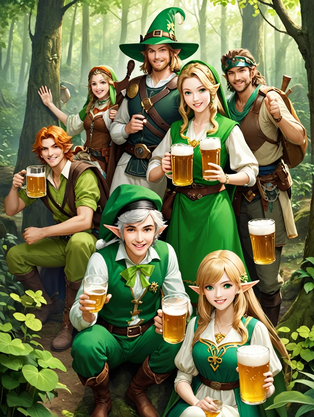 Standbild im realistischen Kunststil，Eine Gruppe fröhlicher The Legend of Zelda-Charaktere, (Männlich und weiblich)Tragen Sie verschiedene Kostüme aus der Spielkultur von The Legend of Zelda，Sie halten Bierkrüge，Treffen in einem uralten Wald，Es gibt Essen und Getränke，Feiern Sie St. Patrick&#39;s Tag，Kleeblatt，perfekte Hände，Schießen von oben，in der Nacht，geringe Schärfentiefe，Vignette，sehr detailliert，Hohes Budget，Bokeh，Breitbild，Launisch，Epos，wunderschön，Filmkorn，Körnigkeit