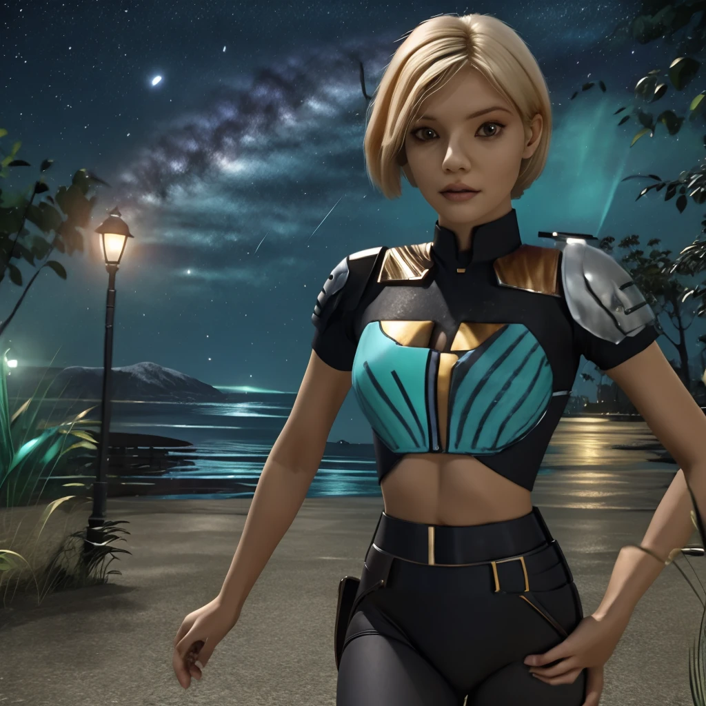 masterpiece, best quality, high quality, extremely detailed 32k unit an enchanting front view, A pretty 40 year old Blonde haired woman, she is standing out side Futuristic Building at night, she is wearing  teal leggings and a crop top, her hair is Choppy Bob hair style, she looks beautiful in the glow of the street lights,(best quality ,photorealistic)
