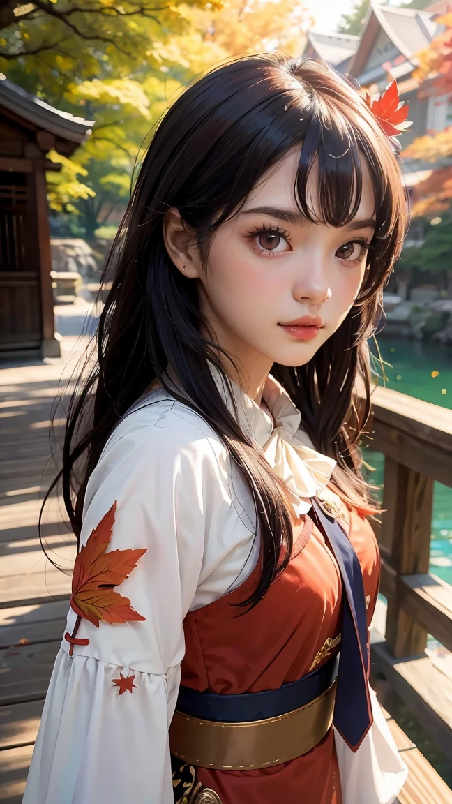 ((Masterpiece, Best Quality)), Ultra Detailed, Official Art, Unity 8k Wallpaper, Official Costume, Young Handsome woman, Solo, Perfect Face, Shiny Skin, Sparkling Pupils, Hair Pick Dyed Red, Daytime, Background is Fire Red Maple Forest, Maple Leaf, Riverside, Wooden Bridge, Aesthetic, (upper_body)