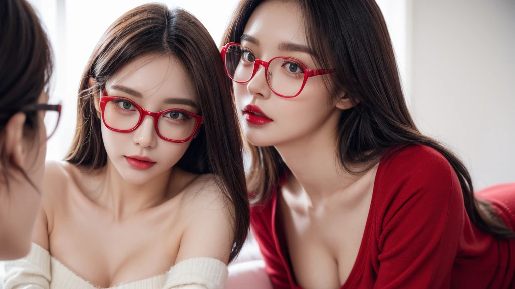 female, fair, amazing face and eyes, cosmetics, red glossy lips, (Extremely detailed fair face), (The sexiest look), (sweatshirt), (best quality), (very detailed), (very detailed CG 통합 8k 벽지),original photo, professional photography, (permanent), (pure white background),(black hair),(big eyes),(soft light source),(a little cleavage),(shorts),(red underwear)，gold glasses