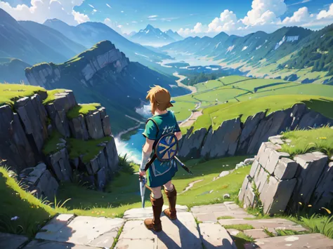 impressionism,rainerism,the legend of zelda, hero link with the master sword in hand、a scene looking out over the land of hyrule...