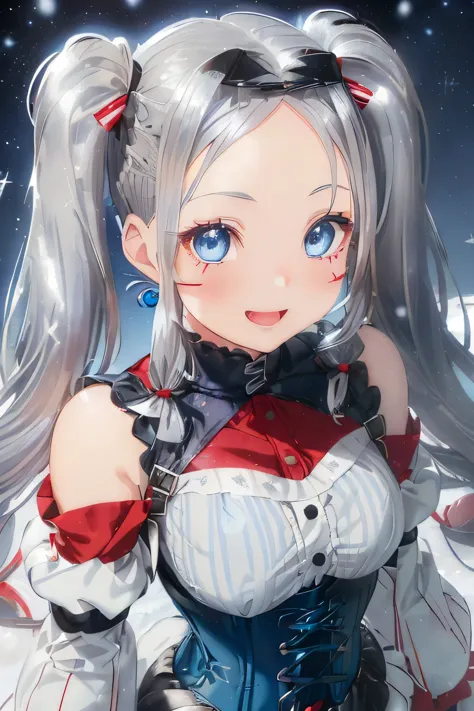 (((Silver twin tails))),(((Bangs parted in the middle))),(((blue eyes))),(((Short girl))),((Red mark on the forehead)),A cheerfu...