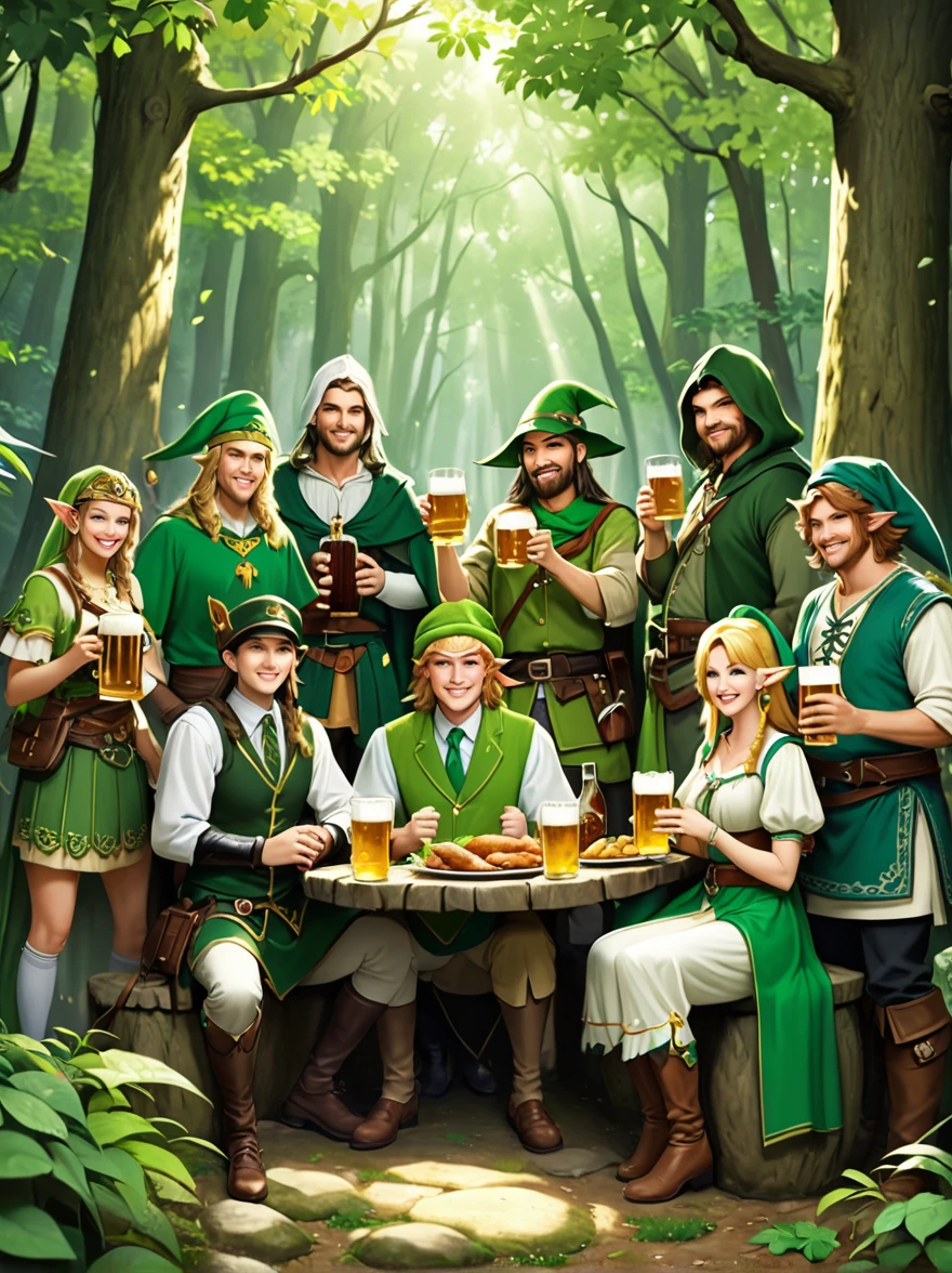 Standbild im realistischen Kunststil，(Link In der Mitte stehen)，Eine Gruppe fröhlicher The Legend of Zelda-Charaktere, (Männlich und weiblich)Tragen Sie verschiedene Kostüme aus der Spielkultur von The Legend of Zelda，Sie halten Bierkrüge，Treffen in einem uralten Wald，Es gibt Essen und Getränke，Feiern Sie St. Patrick&#39;s Tag，Kleeblatt，perfekte Hände，Schießen von oben，in der Nacht，geringe Schärfentiefe，Vignette，sehr detailliert，Hohes Budget，Bokeh，Breitbild，Launisch，Epos，wunderschön，Filmkorn，Körnigkeit