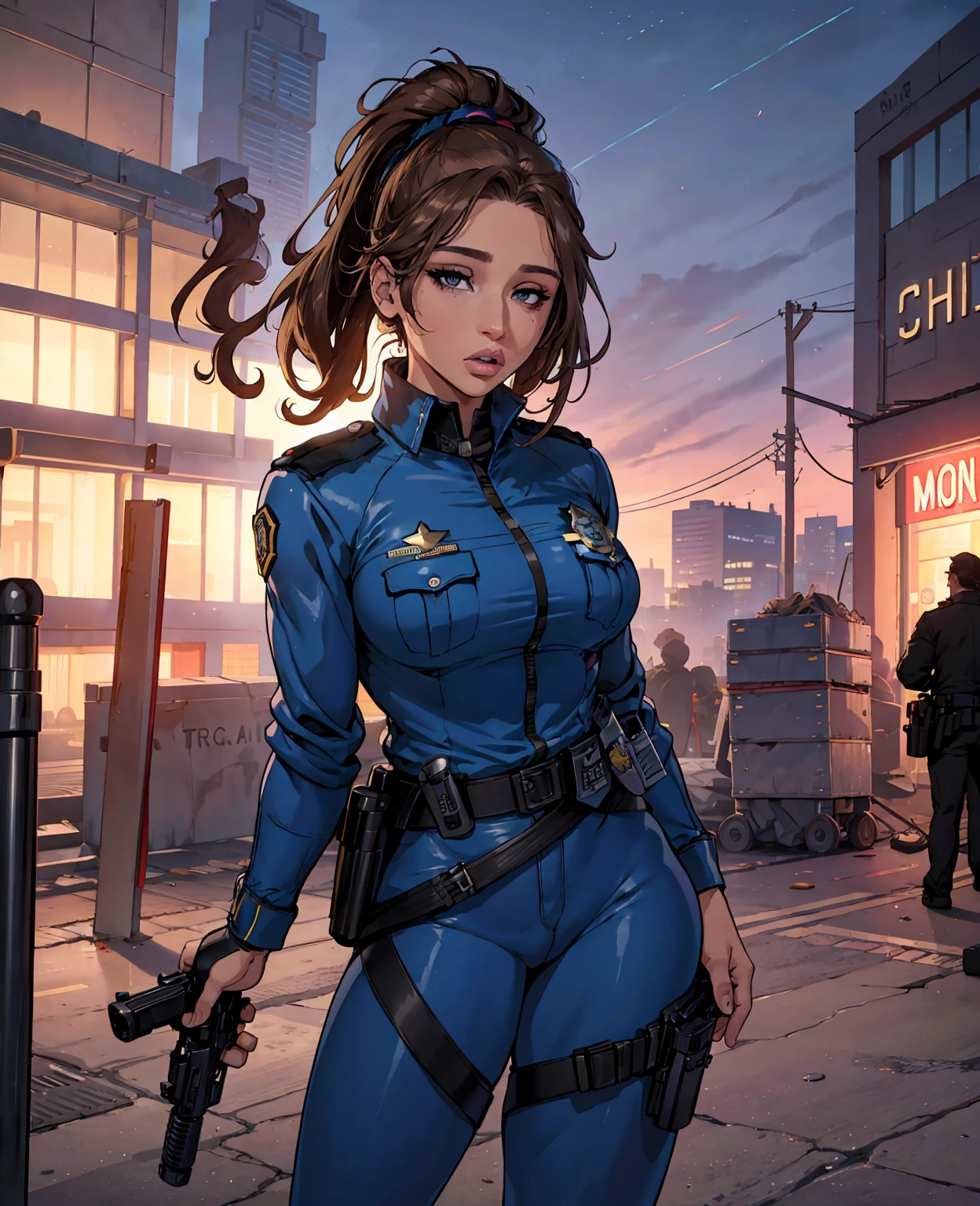 abella danger as police officer uniform, photorealistic, highly detailed, intricate details, hyper realistic, striking pose, intense gaze, gorgeous face, beautiful eyes, full lips, flawless skin, muscular body, confident expression, detailed police uniform, shiny badge, utility belt, tactical gear, holstered gun, dynamic lighting, cinematic lighting, dramatic shadows, rich colors, vibrant tones, gritty atmosphere, urban setting, city background, cinematic composition, award-winning photograph