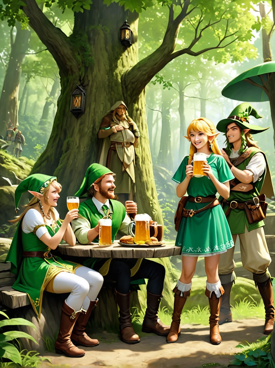 Standbild im realistischen Kunststil，(link:1.5)，Eine Gruppe fröhlicher The Legend of Zelda-Charaktere, (Männlich und weiblich)Tragen Sie verschiedene Kostüme aus der Spielkultur von The Legend of Zelda，Sie halten Bierkrüge，Treffen in einem uralten Wald，Es gibt Essen und Getränke，Feiern Sie St. Patrick&#39;s Tag，Kleeblatt，perfekte Hände，Schießen von oben，in der Nacht，geringe Schärfentiefe，Vignette，sehr detailliert，Hohes Budget，Bokeh，Breitbild，Launisch，Epos，wunderschön，Filmkorn，Körnigkeit