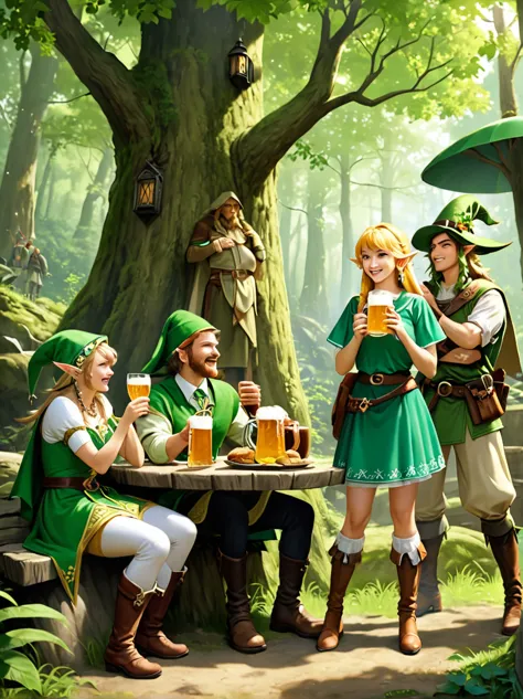 Still image in realistic art style，(link:1.5)，A group of happy The Legend of Zelda characters, (Male and female)Wearing various ...