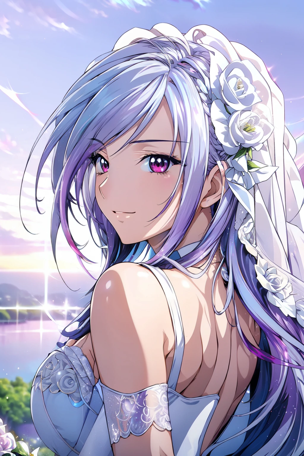 (masterpiece, best quality, beautiful and aesthetic:1.3), side view, 1girl, solo, light smile,  (Silver blue hair streaked purple:1.4), (Gradient sky blue hair ends:1.6), hair strand, absurdly long hair, single sidelock, wavy hair, shiny hair, floating hair, (deep red eyes), delicate eyes, aqua eyes, super high detailed eyes, long upper eyelashes, makeup, Focus on face, Very detailed facial, Pretty Face, Perfect breasts, hot body, (Delicate skin texture:1.2), bridal veil, lace-trimmed dress, see-through, wedding dress, outdoors, white roses, garden, morning, standing, extreme detailed, 