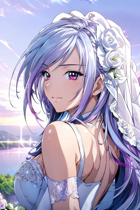 (masterpiece, best quality, beautiful and aesthetic:1.3), side view, 1girl, solo, light smile,  (silver blue hair streaked purpl...