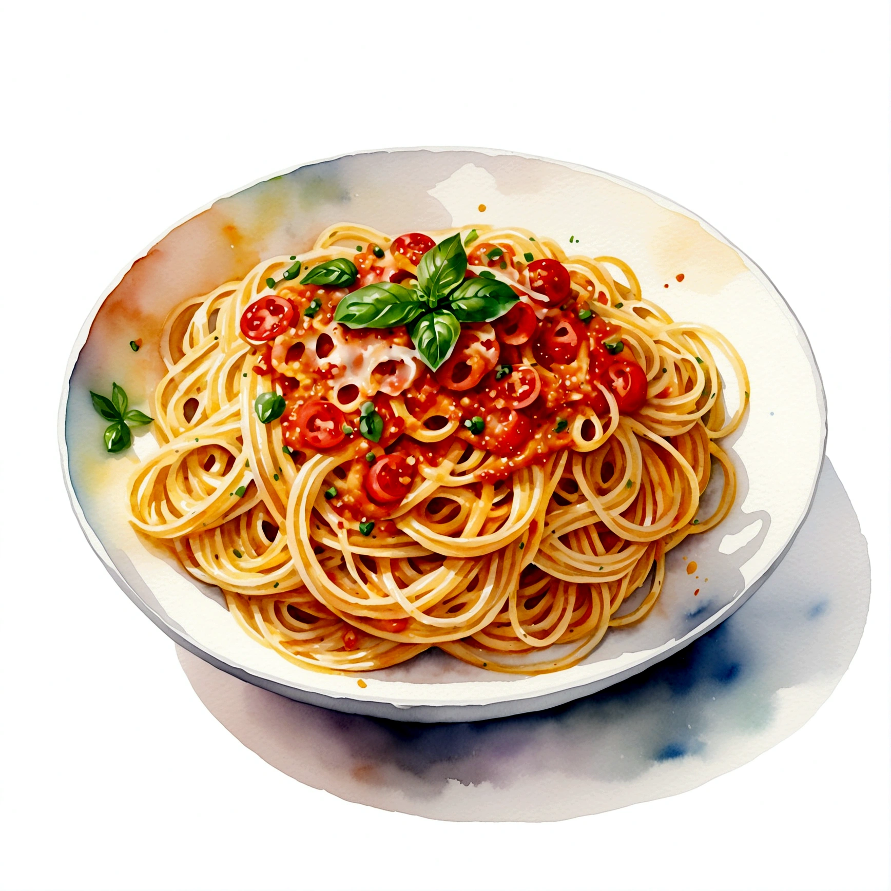 Es gibt eine weiße Schüssel voller köstlicher Spaghetti.,  Illustration, isoliert mit solidem weißem Hintergrund, umgeben von negativem Raum, zentrierte Komposition, 8k, hochdetaillierte Malerei, sehr präzise Malerei, isoliert, klarer, strahlend weißer Hintergrund, perspektivischer Blickwinkel, Vektor-Clipart, verwaschene Farbe ((Lora:Detail hinzufügen-xl:1)), (Aquarell), Clipart-Stil