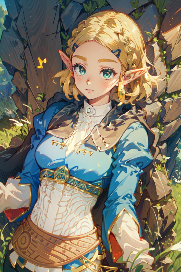 ((Masterpiece, top quality, high resolution)), ((highly detailed CG unified 8K wallpaper)), 1girl, Princess Zelda, short hair, crown braid, hairclip, pointy ears, brown cape, blue shirt, puffy sleeves, long sleeves, fingerless gloves, black gloves, black pants, tight pants, aazelda, long hair, crown braid, hairclip, pointy ears, blue shirt, long sleeves, fingerless gloves, black gloves, black pants, tight pants sweating, outdoors, grass, meadow, cliffs, stony,