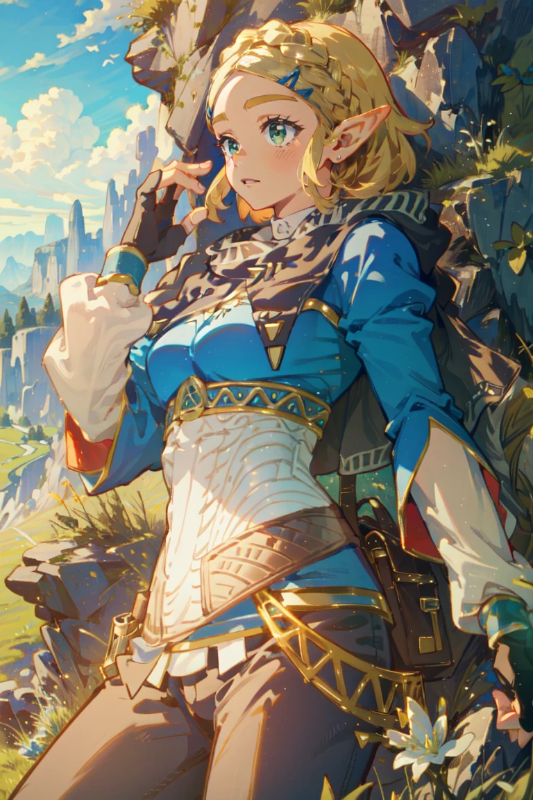 ((Masterpiece, top quality, high resolution)), ((highly detailed CG unified 8K wallpaper)), 1girl, Princess Zelda, short hair, crown braid, hairclip, pointy ears, brown cape, blue shirt, puffy sleeves, long sleeves, fingerless gloves, black gloves, black pants, tight pants, aazelda, long hair, crown braid, hairclip, pointy ears, blue shirt, long sleeves, fingerless gloves, black gloves, black pants, tight pants sweating, outdoors, grass, meadow, cliffs, stony,