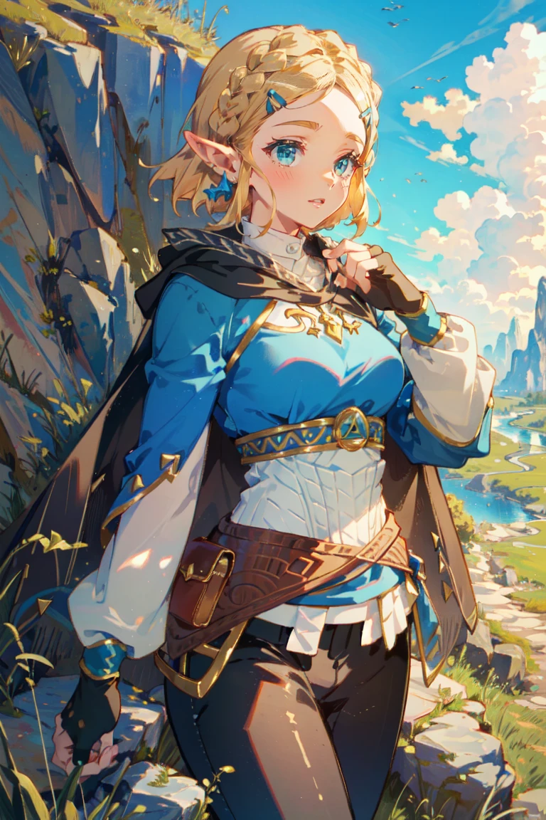 ((Masterpiece, top quality, high resolution)), ((highly detailed CG unified 8K wallpaper)), 1girl, Princess Zelda, short hair, crown braid, hairclip, pointy ears, brown cape, blue shirt, puffy sleeves, long sleeves, fingerless gloves, black gloves, black pants, tight pants, aazelda, long hair, crown braid, hairclip, pointy ears, blue shirt, long sleeves, fingerless gloves, black gloves, black pants, tight pants sweating, outdoors, grass, meadow, cliffs, stony,