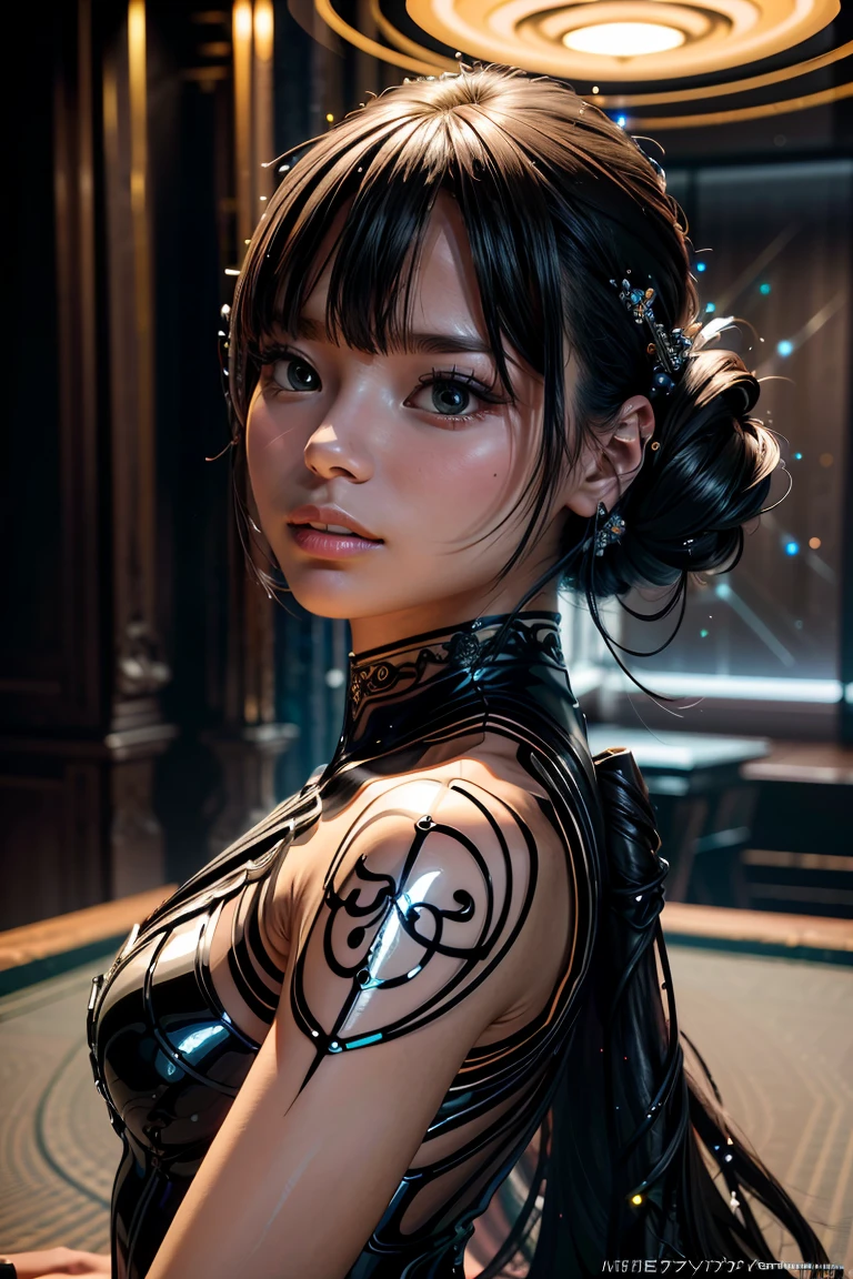 ((masterpiece, best quality)), ultra detailed 8k, photorealistic, sharp focus, highly detailed, professional lighting , shadowmancer, photo of a woman, ink particle, ((swirling black ink floating around)), futuristic fantasy, futuristic black dress, dynamic pose, realistic, masterpiece, intricate details, detailed background, depth of field,