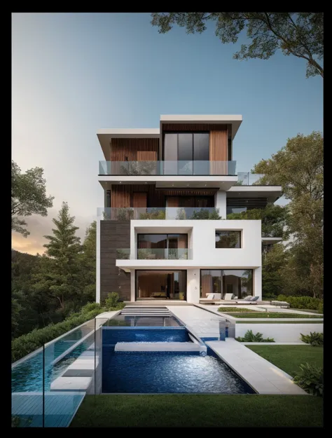 The exterior of modern villa on the hill, masterpiece, photorealistic, best quality, ultra high res, architechture shot, composi...