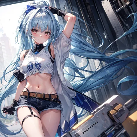 ((highest quality)), ((masterpiece)), ((detailed)), (4k), a girl with blue hair and a top with short sleeves holding a screw dri...