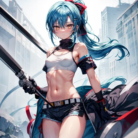 ((highest quality)), ((masterpiece)), ((detailed)), (4k), a girl with blue hair and a top with short sleeves holding a screw dri...