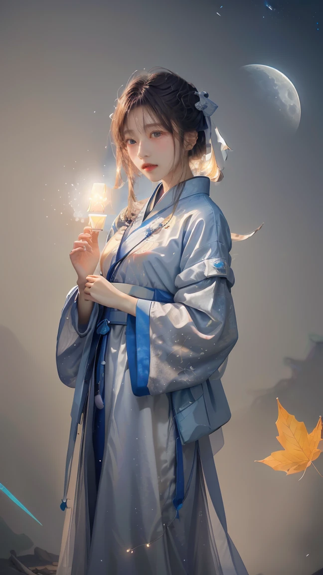 masterpiece, best quality,highres, 1girl, \(white, hanfu\), ((moon)), starry sky, (lighting particle), fog,paper lantern, autumn, autumn leaves,