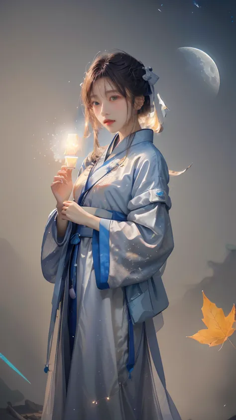 masterpiece, best quality,highres, 1girl, \(white, hanfu\), ((moon)), starry sky, (lighting particle), fog,paper lantern, autumn...