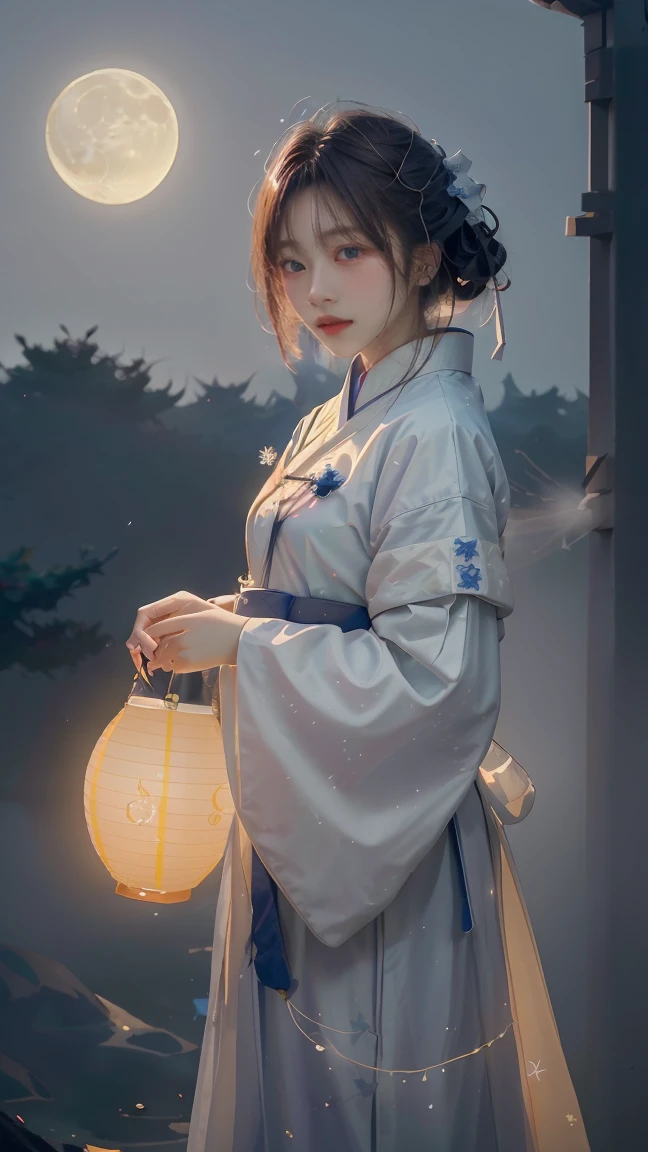 masterpiece, best quality,highres, 1girl, \(white, hanfu\), ((moon)), starry sky, (lighting particle), fog,paper lantern, autumn, autumn leaves,