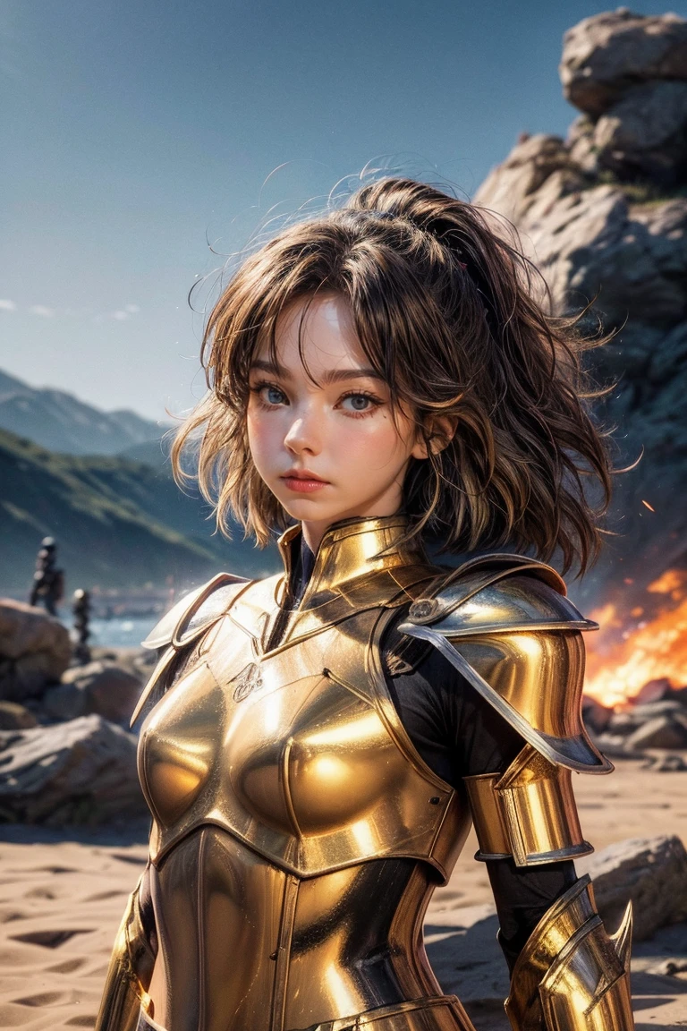 (Masterpiece), (Best Quality), (1 Girl), Girl in Golden Armor, Cool Pose, Battlefield Background, Fire Background, Saint Seiya Armor, Messy Hair, Broken Armor, Ragged Clothes