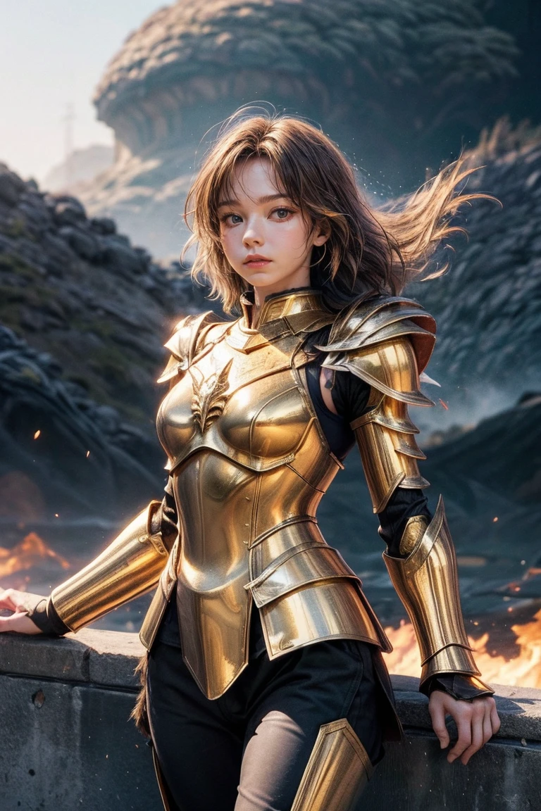 (Masterpiece), (Best Quality), (1 Girl), Girl in Golden Armor, Cool Pose, Battlefield Background, Fire Background, Saint Seiya Armor, Messy Hair, Broken Armor, Ragged Clothes