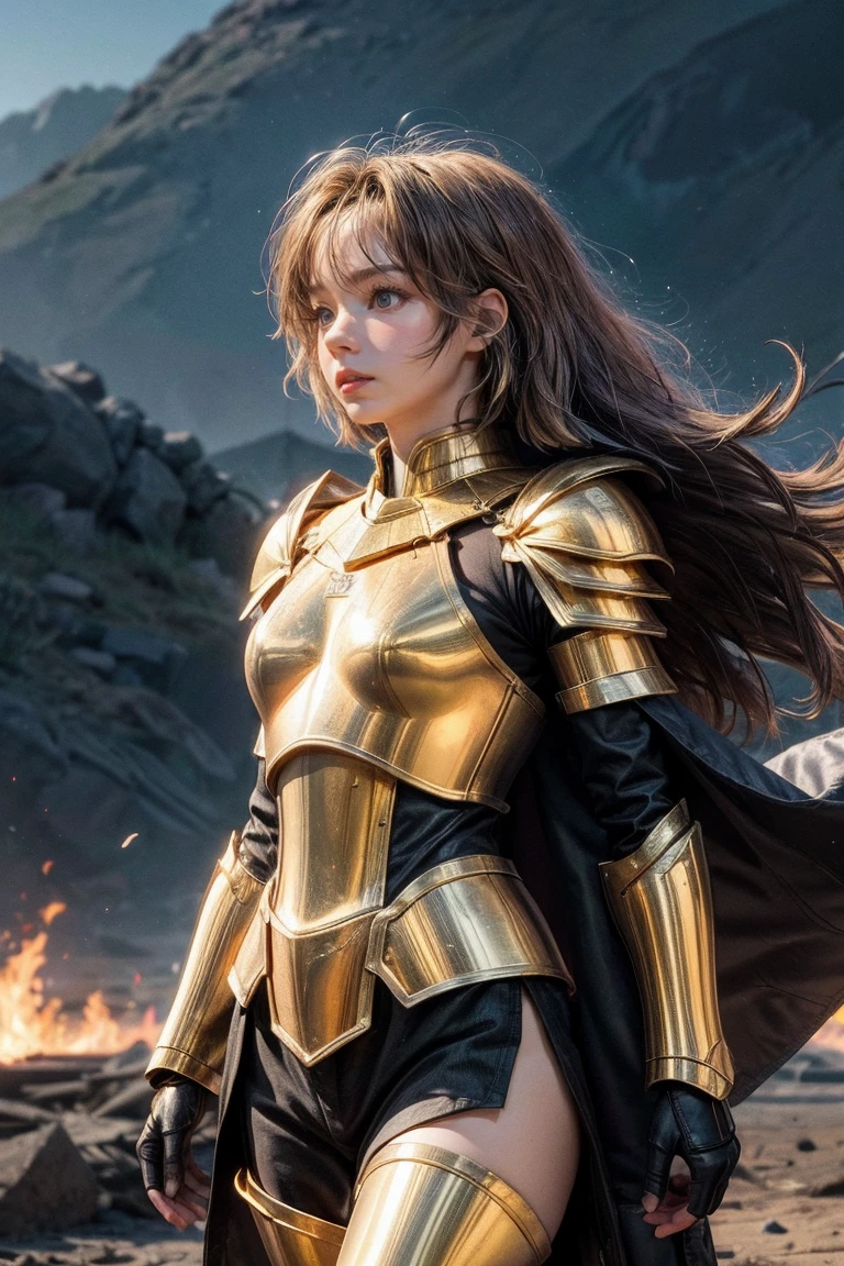 (Masterpiece), (Best Quality), (1 Girl), Girl in Golden Armor, Cool Pose, Battlefield Background, Fire Background, Saint Seiya Armor, Messy Hair, Broken Armor, Ragged Clothes