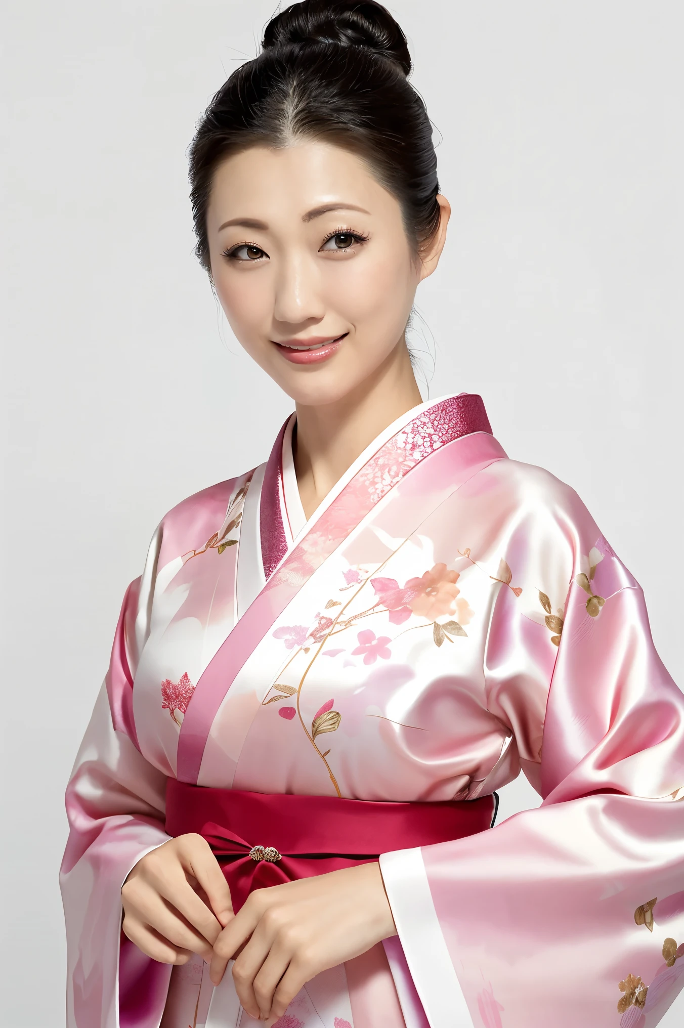 (Highest quality、Tabletop、8K、Best image quality、Award-winning works)、(一人のbeautiful成熟した女性:1.1)、Adult face、(Innkeeper:1.1)、(A gorgeous pink kimono with a gorgeous floral pattern:1.3)、(A kimono with a perfect and precise collar:1.2)、Perfect mature woman portrait photo、Glowing Skin、Standing Elegantly、(The simplest pure white background:1.4)、(Strongly blurred background:1.2)、Glowing Skin、とてもbeautiful肌、(Accentuate your body lines:1.1)、(The most graceful posture:1.2)、(Large Breasts:1.2)、(Voluptuous body:1.3)、A perfect smile、完璧なbeautiful光沢のある唇、(Accurate anatomy:1.2)、(A perfect and elegant outfit:1.1)、(Standing with good posture:1.1)、(beautiful, Elegant and high-quality patterned kimono:1.2)、、(完璧で自然なbeautiful袖:1.2)、(完璧で自然なbeautiful首輪:1.2)、(完璧で自然なbeautiful袖:1.2)、(Elegant and high-quality patterned kimono帯:1.4)、(The perfect wide belt:1.2)、(完璧で自然なbeautiful着物帯:1.1)、(Hair Bun:1.3)、(Face close-up:1.4)、(Look at me and smile:1.2)