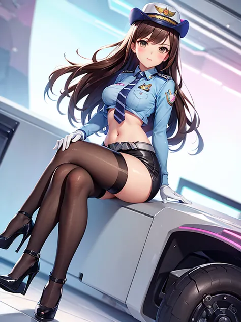 officer dva, solo girl, medium breast, wide hips, thighs, full body, high heels, sitting, crossed legs