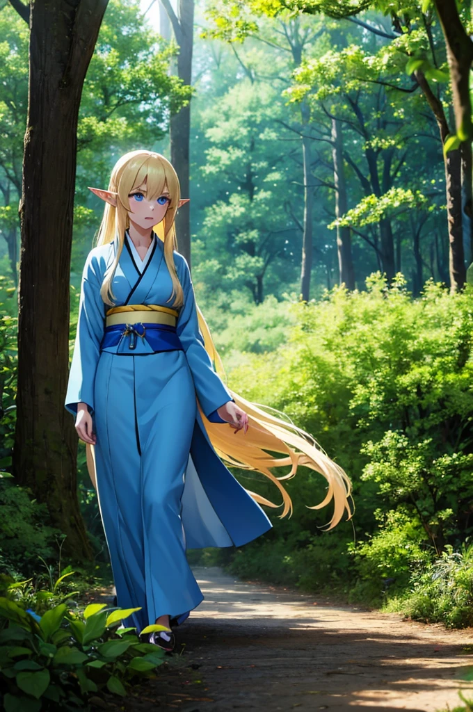 jeune femme, elfe, blond, cheveux longs, yeux bleus, Long kimono bleu, dans les bois 