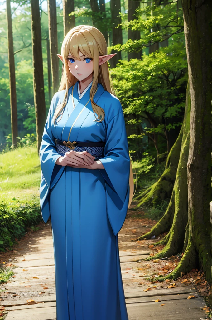 молодая женщина, эльф, блондинка, Длинные волосы, голубые глаза, Длинное синее кимоно, в лесах 