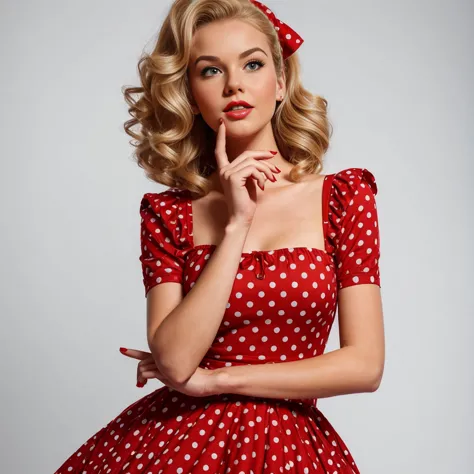 blonde pin-up girl holding hand near chin looking up thoughtfully, full length in red dress with large polka dots, wavy short pi...