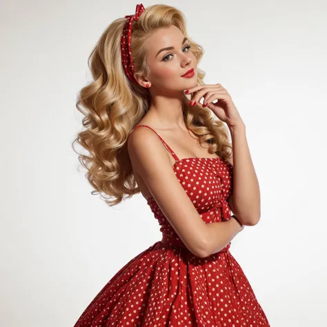 blonde pin-up girl holding hand near chin looking up thoughtfully, full length in red dress with large polka dots, wavy short pi...