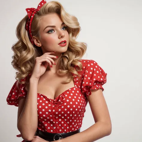 blonde pin-up girl holding hand near chin looking up thoughtfully, full length in red dress with large polka dots, wavy short pi...