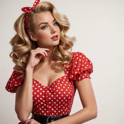 blonde pin-up girl holding hand near chin looking up thoughtfully, full length in red dress with large polka dots, wavy short pi...