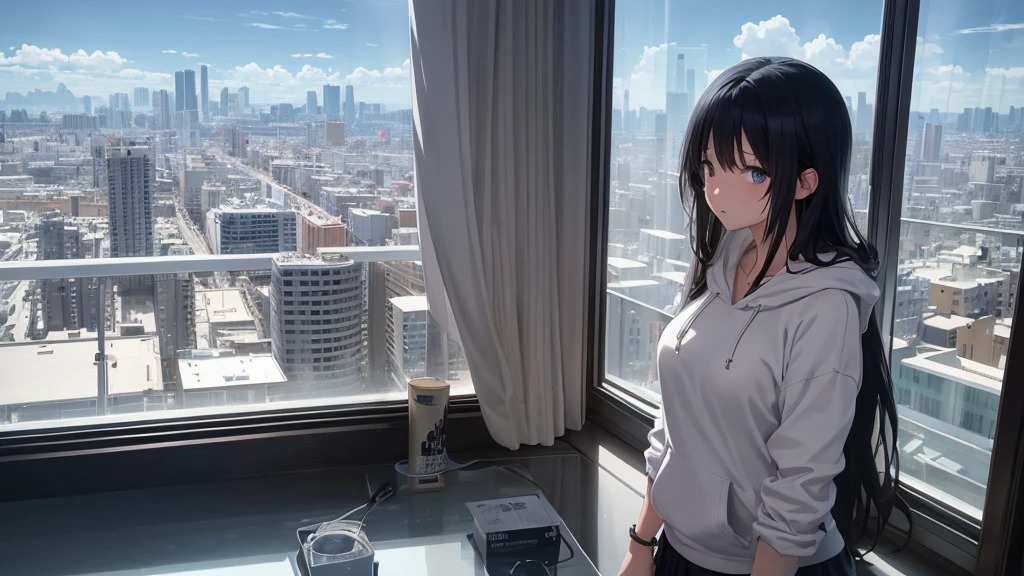 Absurd, Ultra-high resolution, (Official Art, beautifully、mysterious:1.2), Correct human body composition, Striking eyes, Oversized hoodie and short skirt, Shiny black hair, Larger than average bust, Girl listening to music with headphones, Looking out the window, Coffee on the desk, lo-fi girl, Makoto Shinkai and Artgelm, Anime atmosphere, Lofi Art Style, Anime style 8k, Anime Aesthetics, Lo-fi feel, Anime Art Wallpapers 8K, An atmosphere of praise, City Room, Teenage Girl's Room, A room for music lovers, city view from the window, Impressive cityscape, Bright Sky