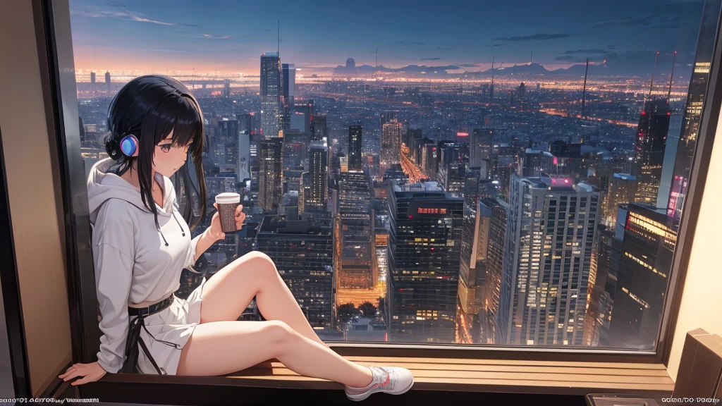 Absurd, Ultra-high resolution, (Official Art, beautifully、mysterious:1.2), Correct human body composition, Striking eyes, Oversized hoodie and short skirt, Shiny black hair, Larger than average bust, Girl listening to music with headphones, Looking out the window, Coffee on the desk, lo-fi girl, Makoto Shinkai and Artgelm, Anime atmosphere, Lofi Art Style, Anime style 8k, Anime Aesthetics, Lo-fi feel, Anime Art Wallpapers 8K, An atmosphere of praise, City Room, Teenage Girl's Room, A room for music lovers, city view from the window, Impressive cityscape, Bright Sky