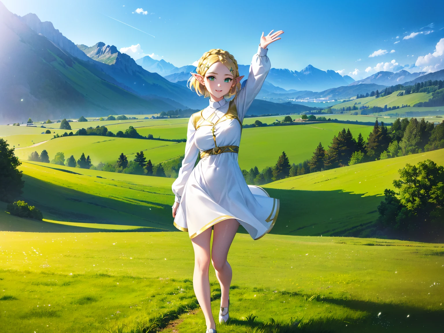 (masterpiece, best quality, high definition:1.2), (1girl, solo:1.3), (blonde hair, short hair, crown braid, hairclip, hair swaying from the wind:1.3), (green eyes, bright pupils, sparkling eyes:1.2), (pointy ears, white dress, long sleeves:1.3), (smile, happy:1.2), (standing, full body shot, full body:1.5), (waving, hand waving, waving hand at viewer:1.3), (day time, light particles:1.1), (scenery, outdoors, field, green field, grass field, open field:1.35), (mountains, mountains in the distance:1.1), 200mm lens,