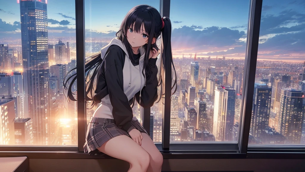 Absurd, Ultra-high resolution, (Official Art, beautifully、mysterious:1.2), Correct human body composition, Striking eyes, Oversized hoodie and short skirt, Shiny black hair, Larger than average bust, Girl listening to music with headphones, Looking out the window, Coffee on the desk, lo-fi girl, Makoto Shinkai and Artgelm, Anime atmosphere, Lofi Art Style, Anime style 8k, Anime Aesthetics, Lo-fi feel, Anime Art Wallpapers 8K, An atmosphere of praise, City Room, Teenage Girl's Room, A room for music lovers, city view from the window, Impressive cityscape, Bright Sky