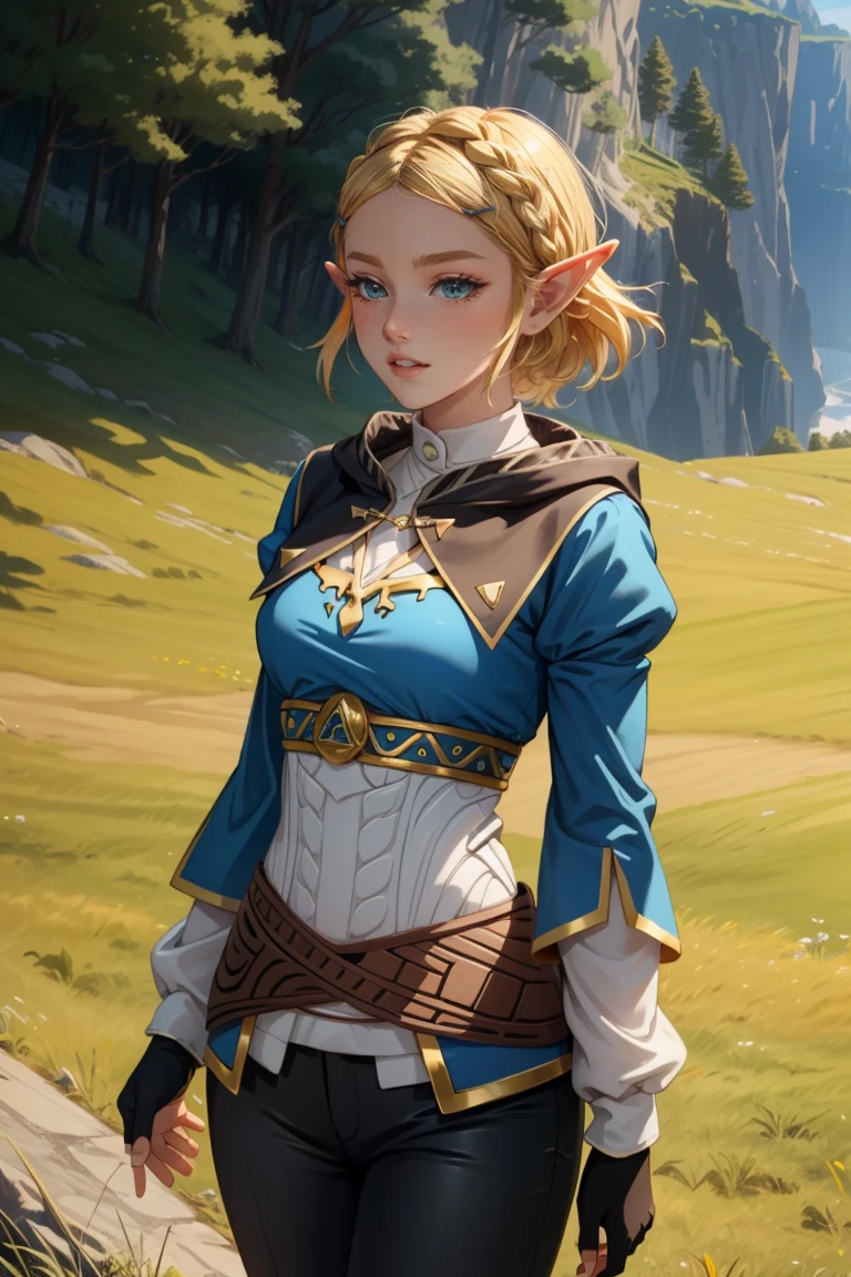 ((chef-d&#39;œuvre, qualité supérieure, haute résolution)), ((fond d&#39;écran 8K unifié CG très détaillé)), 1fille, princesse zelda, Cheveux courts, tresse de couronne, pince à cheveux, oreilles pointues, Cape marron, t-shirt bleu, Manches bouffantes, manches longues, Gants sans doigts, gants noirs, pantalon noir, pantalons serrés, aazelda, cheveux longs, tresse de couronne, pince à cheveux, oreilles pointues, t-shirt bleu, manches longues, Gants sans doigts, gants noirs, pantalon noir, pantalons serrés sweating, En plein air, herbe, prairie, falaises, pierreux,