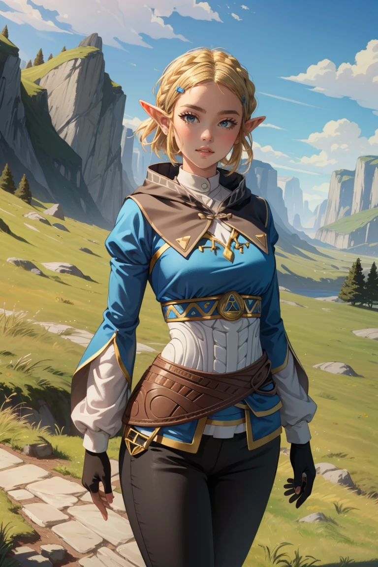 ((Masterpiece, top quality, high resolution)), ((highly detailed CG unified 8K wallpaper)), 1girl, Princess Zelda, short hair, crown braid, hairclip, pointy ears, brown cape, blue shirt, puffy sleeves, long sleeves, fingerless gloves, black gloves, black pants, tight pants, aazelda, long hair, crown braid, hairclip, pointy ears, blue shirt, long sleeves, fingerless gloves, black gloves, black pants, tight pants sweating, outdoors, grass, meadow, cliffs, stony,