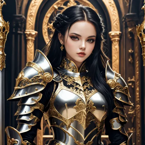 a close up of a woman in armor with a sword, stunning armor, wearing fantasy armor, very stylish fantasy armor, gold heavy armor...