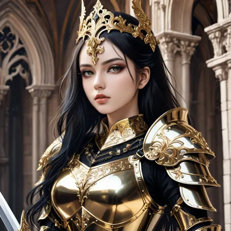 a close up of a woman in armor with a sword, stunning armor, wearing fantasy armor, very stylish fantasy armor, gold heavy armor...