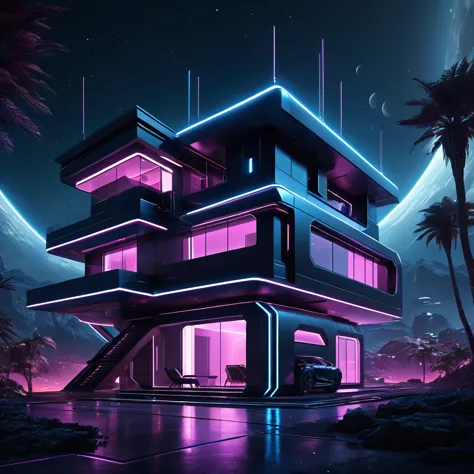 dark futuristic fantasy house, in space, sci-fi theme, landscape, neon lights, architectural visualiization, (raw photo, real, b...