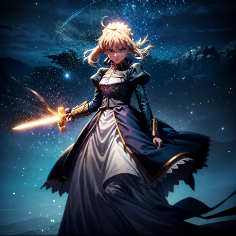 Saber (fate series), holding sword, glowing sword,aura particles surrounding her , glowing particles, night sky, masterpiece,32k...