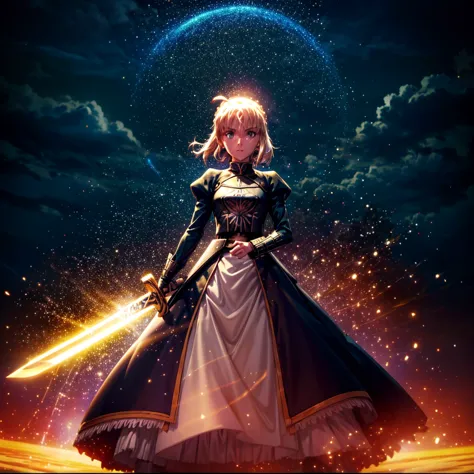 Saber (fate series), holding sword, glowing sword,aura particles surrounding her , glowing particles, night sky, masterpiece,32k...