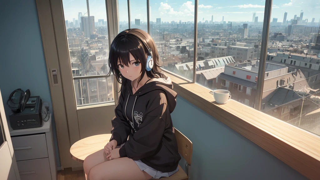 Absurd, Ultra-high resolution, (Official Art, beautifully、mysterious:1.2), Anime Art Wallpaper, 8K, An atmosphere of praise, Correct human body composition, Striking eyes, Oversized hoodie and short skirt, Shiny black hair, Larger than average bust, Girl listening to music with headphones, Looking out the window, Coffee on the desk, lo-fi girl, Makoto Shinkai and Artgelm, Anime atmosphere, Lofi Art Style, Anime Aesthetics, Lo-fi feel, City Room, Teenage Girl's Room, A room for music lovers, city view from the window, Impressive cityscape, Bright Sky