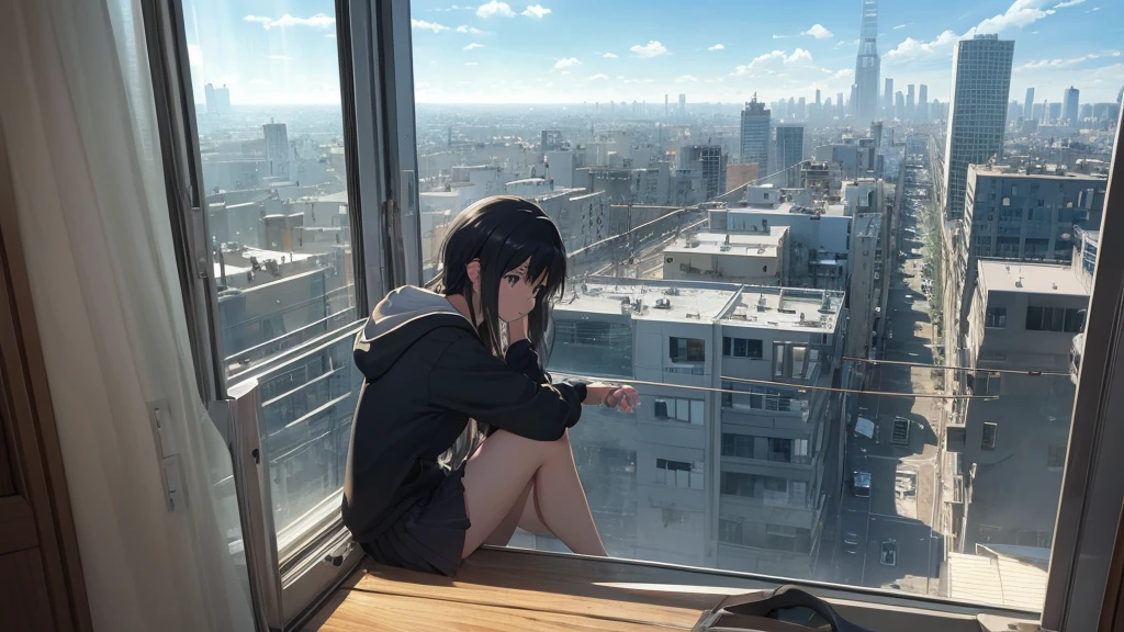 Absurd, Ultra-high resolution, (Official Art, beautifully、mysterious:1.2), Anime Art Wallpaper, 8K, An atmosphere of praise, Correct human body composition, Striking eyes, Oversized hoodie and short skirt, Shiny black hair, Larger than average bust, Girl listening to music with headphones, Looking out the window, Coffee on the desk, lo-fi girl, Makoto Shinkai and Artgelm, Anime atmosphere, Lofi Art Style, Anime Aesthetics, Lo-fi feel, City Room, Teenage Girl's Room, A room for music lovers, city view from the window, Impressive cityscape, Bright Sky