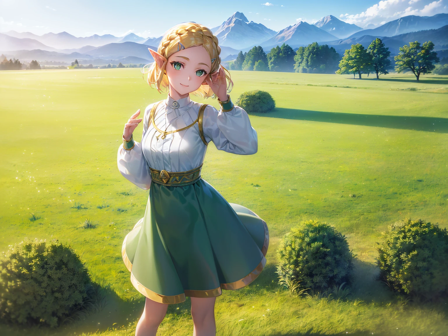 (masterpiece, best quality, high definition:1.2), (1girl, solo:1.3), (blonde hair, short hair, crown braid, hairclip, hair swaying from the wind:1.3), (green eyes, bright pupils, sparkling eyes:1.2), (pointy ears, white dress, long sleeves:1.3), (smile, happy:1.2), (standing, full body shot, full body:1.5), (waving, hand waving, waving hand at viewer:1.3), (day time, light particles:1.1), (scenery, outdoors, field, green field, grass field, open field:1.35), (mountains, mountains in the distance:1.1), 200mm lens,