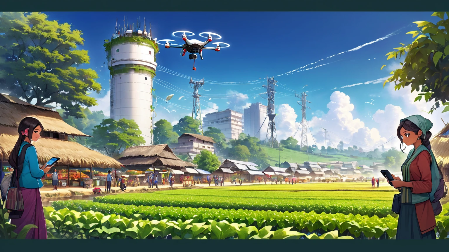 (Bangladesch)), poster image of a vibrant landscape of Bangladesch, wo Tradition und Technologie zusammentreffen, a Smart village emerges., Smart village: Eine Brücke zwischen Tradition und Technologie – eine vernetzte Gemeinschaft: Dorfbewohner begrüßen Internet und Computer, Verbesserung ihres täglichen Lebens und ihrer Arbeit. Moderne Landwirtschaft: Landwirte nutzen Smartphones für besseres Erntemanagement und besseren Marktzugang. Technisch versierte Familien: Glückliche Familien profitieren von verbesserter Kommunikation und Bildung durch Technologie. Innovative Infrastruktur: Mobilfunkmasten sorgen für nahtlose Konnektivität, mit Drohnen und Robotern, die die Landwirtschaft unterstützen