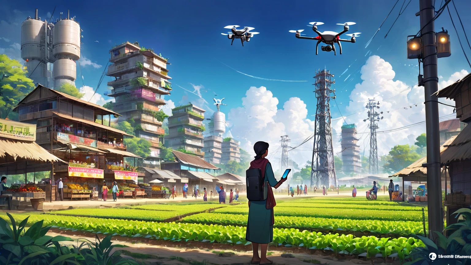 (Bangladesh)), imagen de póster de un paisaje vibrante de Bangladesh, donde convergen tradición y tecnología, a Pueblo Inteligente emerges., Pueblo Inteligente: Uniendo la tradición y la comunidad conectada a la tecnología: Los aldeanos adoptan Internet y las computadoras, mejorar su vida diaria y su trabajo. Agricultura moderna: Agricultores que utilizan teléfonos inteligentes para una mejor gestión de cultivos y acceso al mercado. Familias habilitadas por la tecnología: Familias felices que se benefician de una mejor comunicación y educación a través de la tecnología. Infraestructura innovadora: Torres móviles que garantizan una conectividad perfecta, con drones y robots apoyando la agricultura